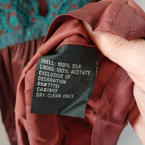 VTG Betsey Johnson Size 8 Women's‎ 100% Silk Dress Brown Blue Crochet Midi Lined - Picture 12 of 16